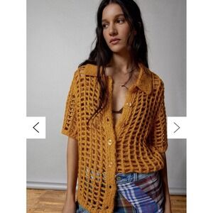 BDG Urban Outfitters Mustard Osaka Open Knit Sweater Buttons Short Sleeve‎ EUC S